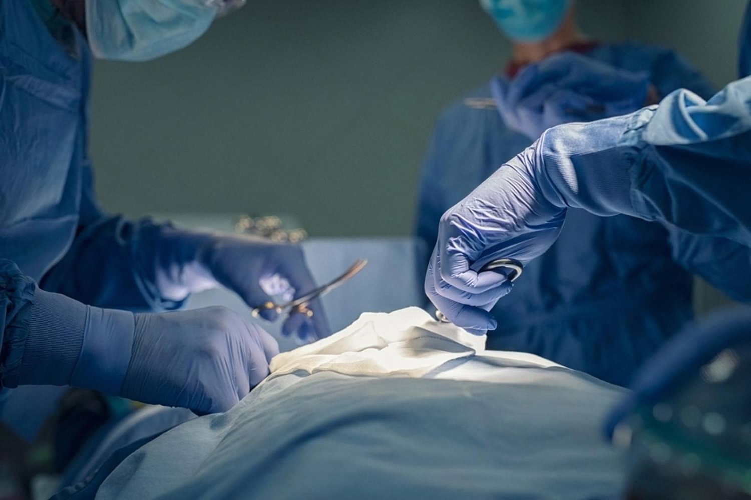 Close-up of laparoscopic hernia repair in progress